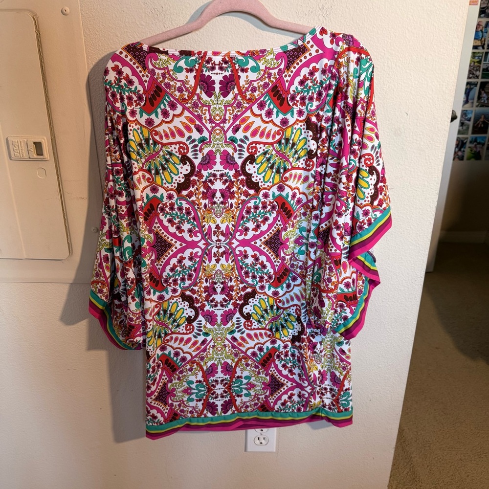 Trina Turk Blouse Medium Colorful Paisley Tunic Bell Sleeve Resort Top Boho - Picture 4 of 6